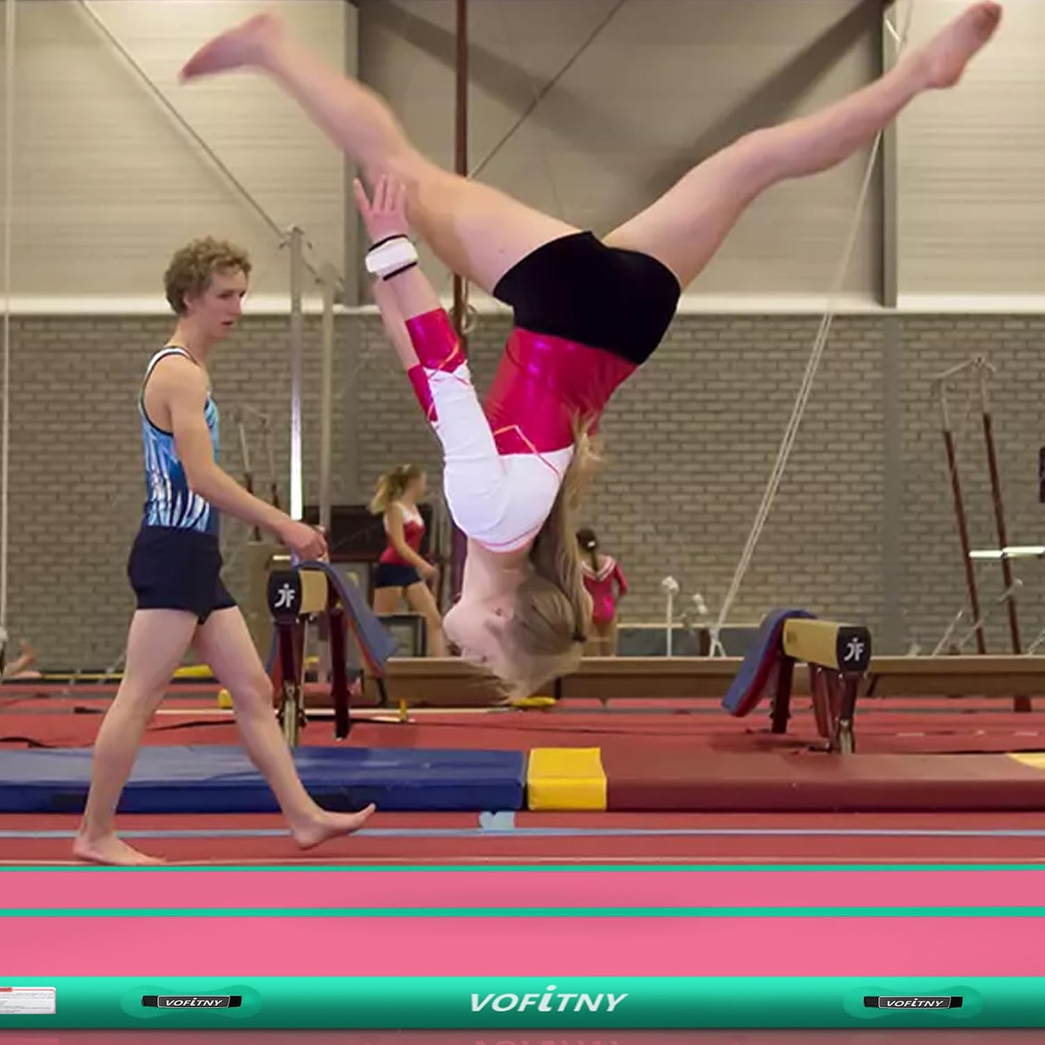 VOFiTNY Inflatable Gymnastics Air mat Tumbling Track with Air Barrel Octagon Mat with Pump for Home/Gym Pink/Mint+Roller Mat 10'lx3.3'w Roller 3.3'lx2'd